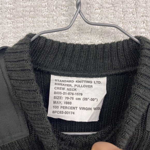 VTG 1983 Standard Knitting LTD Military Sweater Green Wool Pullover Patches Read - Picture 5 of 11